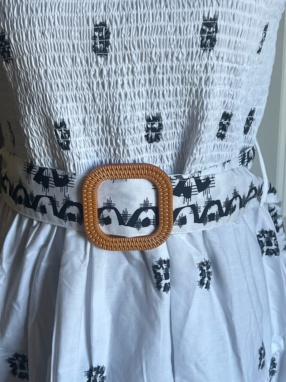 White Smocked Midi Dress with Black Embroidery and Tan Buckle Belt - Picture 2 of 6